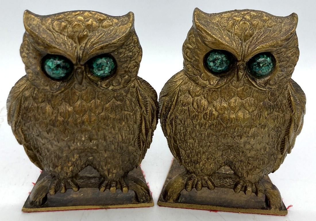 VINTAGE 1970S ISRAELI SOLID BRASS OWL BOOKENDS WITH STONE GREEN EYES MID CENTURY (1 of 6)