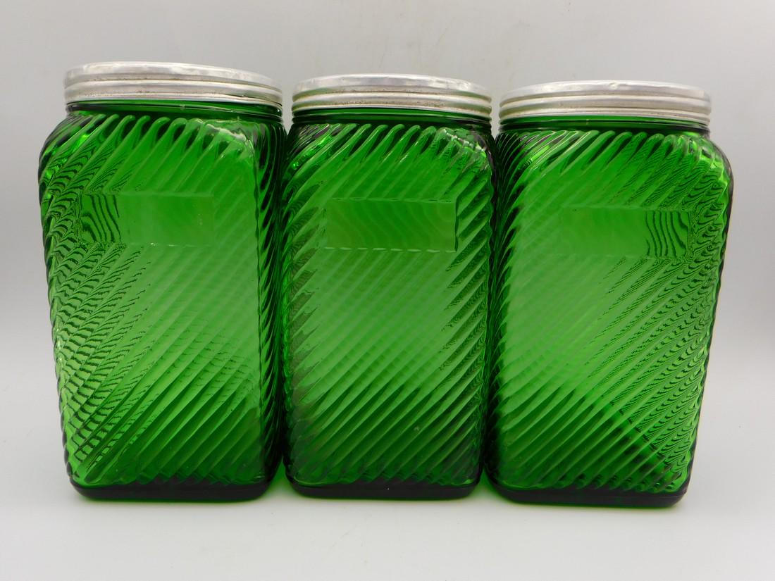3 LARGE ANTIQUE GREEN OWENS-ILLINOIS RIBBED HOOSIER CANISTER JARS DEPRESSION (1 of 9)