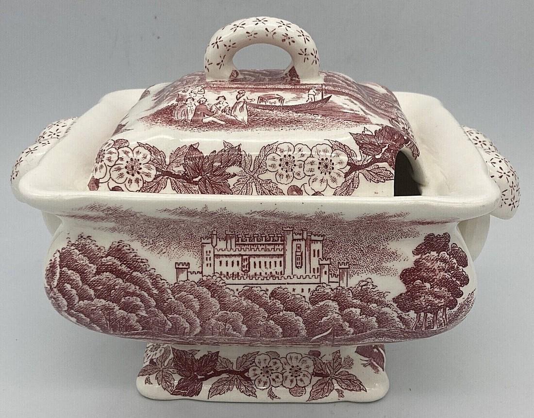 ANTIQUE TRIMONTWARE TUREEN CRANBERRY PINK RED TRANSFERWARE: Title: ANTIQUE TRIMONTWARE TUREEN CRANBERRY PINK RED TRANSFERWARE Date/Period: Approx early 1900's to 1940's Dimension: approx 6" tall Materials: CERAMIC Additional Information: ANTIQUE TRIMONTWARE TU