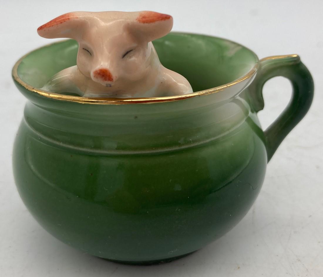 ANTIQUE PINK PIGS GERMAN FAIRING FIGURINE PORCELAIN PIG IN A CHAMBER POT (1 of 5)