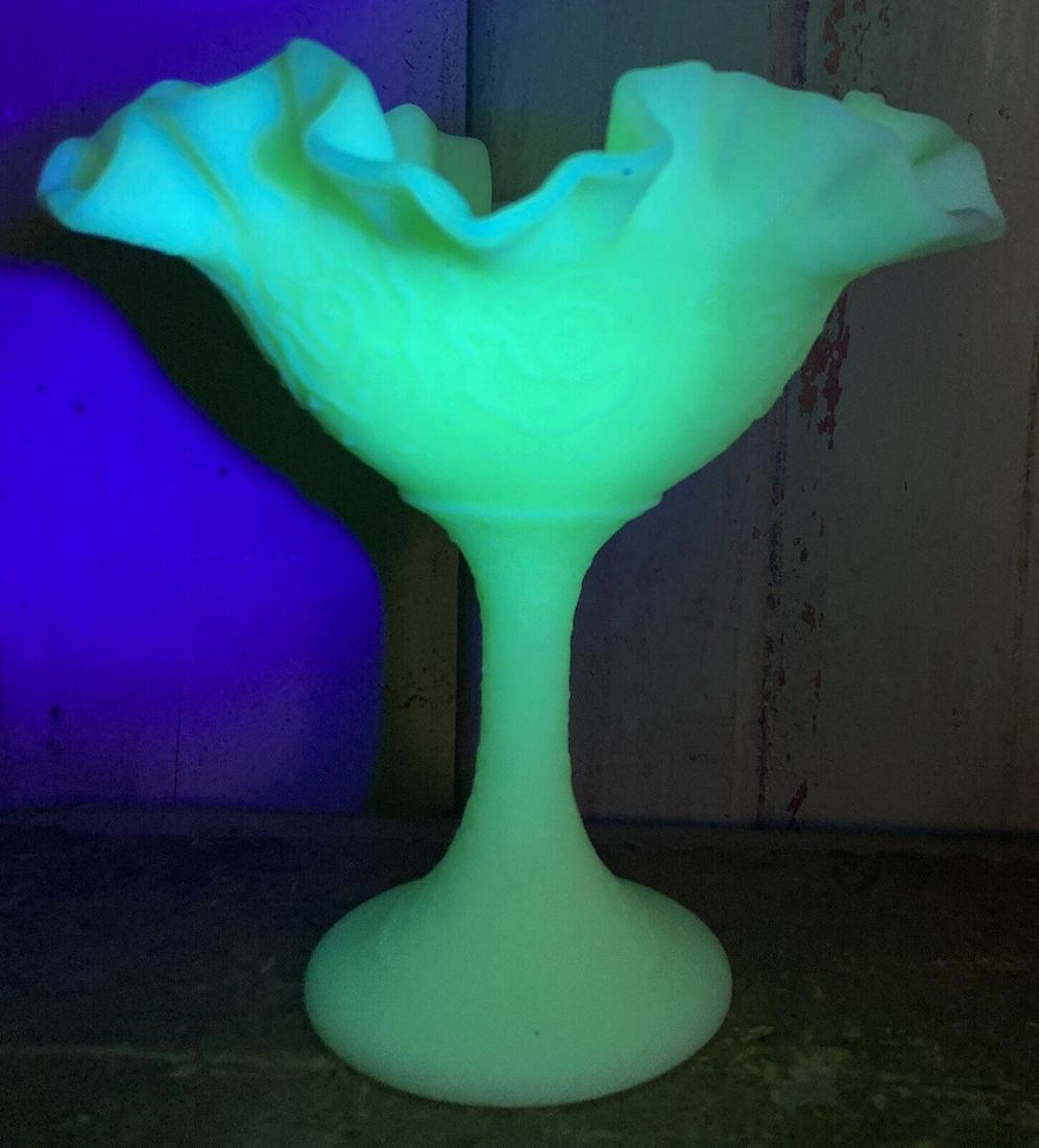 Fenton Glass Pedestal Compote Yellow Satin Custard Persian Medallion (1 of 4)