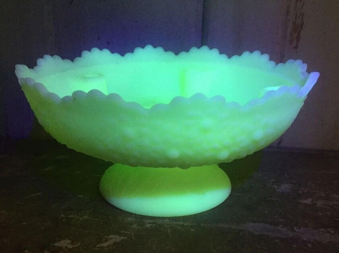 VINTAGE FENTON SATIN CUSTARD ORANGE TREE PATTERN PEDESTAL CANDLE BOWL: Title: VINTAGE FENTON SATIN CUSTARD ORANGE TREE PATTERN PEDESTAL CANDLE BOWL Date/Period: UNKNOWN Dimension: APPROX 8" X 4" Materials: glass Additional Information: VINTAGE FENTON SATIN CUSTARD ORANGE
