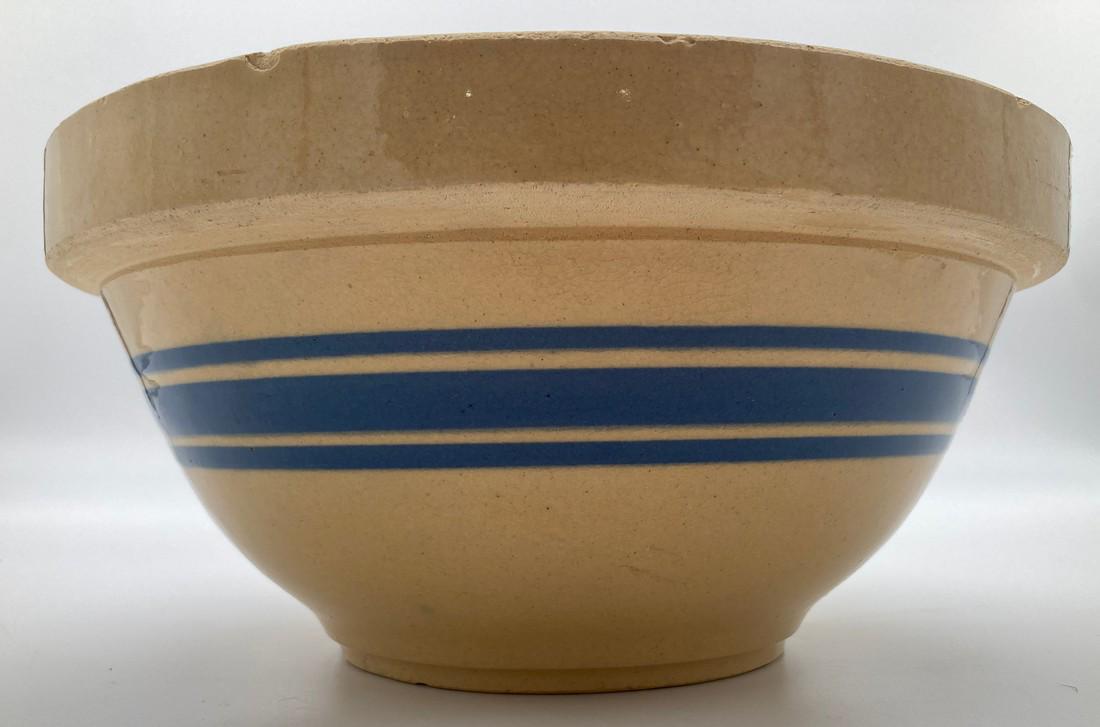 PRIMITIVE 10" BLUE BAND YELLOWWARE SERVING MIXING COUNTRY FRUIT BOWL: Title: PRIMITIVE 10" BLUE BAND YELLOWWARE SERVING MIXING COUNTRY FRUIT BOWL Date/Period: APPROX EARLY 1900'S Dimension: APPROX 10" DIAMETER Materials: YELLOWWARE Additional Information: PRIMITIVE 10"