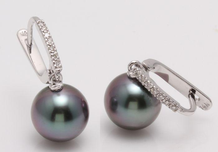 14 kt. White Gold - 9x10mm Round Peacock Tahitian Pearls - Earrings - 0.11 ct: Title: 14 kt. White Gold - 9x10mm Round Peacock Tahitian Pearls - Earrings - 0.11 ct Description: Emerging from the tropical lagoons of French Polynesia, the Tahitan pearls have been hand selected for