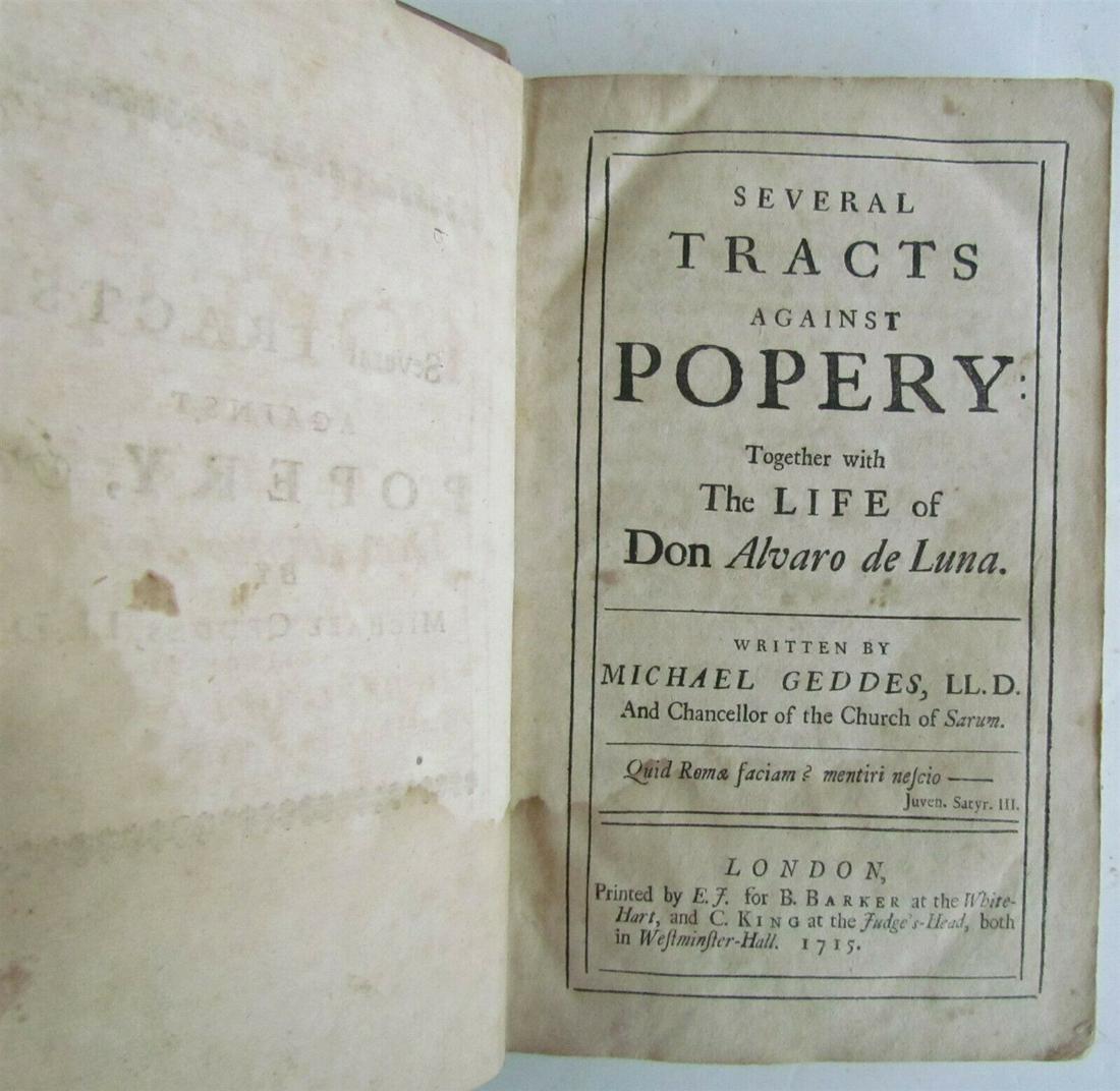 1715 SEVERAL TRACTS AGAINST POPERY DON LIFE OF ALVARO DE LUNA antique by GEDDES (1 of 8)