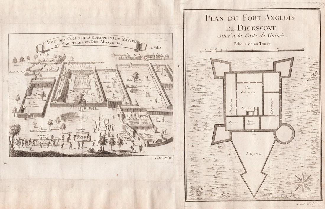 Prevost: Savi, Whydah Kingdom, Benin/Eng. Fort, Ghana: Title/Content of Map: Prevost: Savi, Whydah Kingdom, Benin/Eng. Fort, Ghana Date Printed: 1755, Paris Cartographer: Bellin/Prevost d'Exiles Size: 1) 6 7/8" x 5 1/4; 2) 5 3/4" x 8 1/8" A composite page