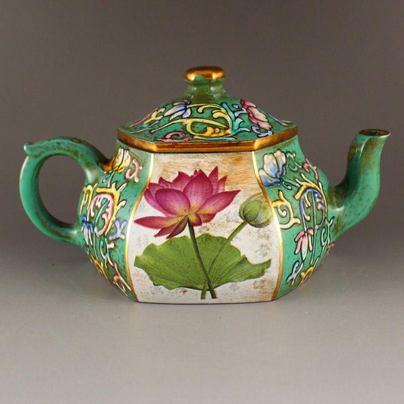 Chinese Green Ground Famille Rose Zisha Clay Teapot w Artist Signed: Title: Chinese Green Ground Famille Rose Zisha Clay Teapot w Artist Signed Date Period: After 1900 Origin: Chinese Materials: Zisha Clay Dimensions: Dimension: 150 x 95 x 80(mm)5.90 x 3.74 x 3.15(inch