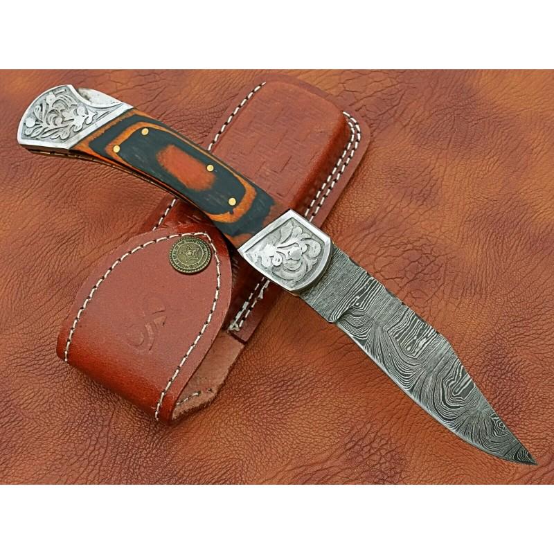 Handmade work pocket folding damascus steel knife wood (1 of 6)