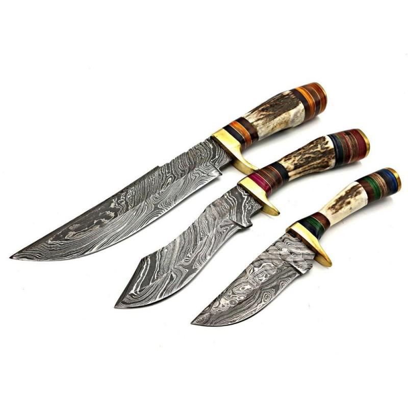 3 pcs SET handmade damascus steel knife stag horn brass (1 of 5)