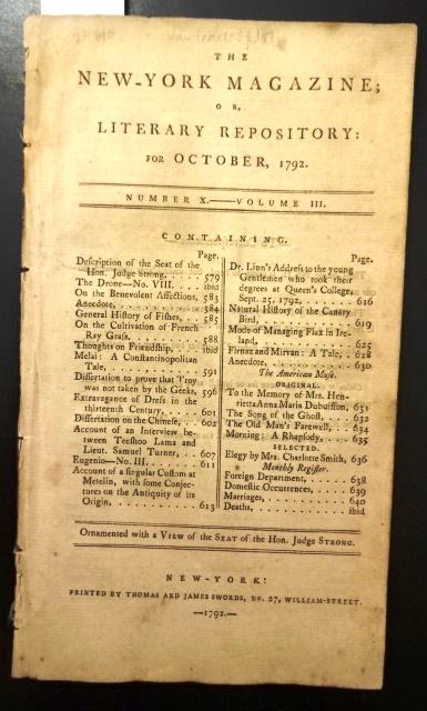 1791 New York Magazine Engraving and Tibetan Visit: The October 1792 issue of New-York Magazine or Literary Repository, printed by Thomas and James Swords. 64 pages and hand-colored engraving "A View of the Seat of the Hon. Setah Strong, Esq. St. Georg