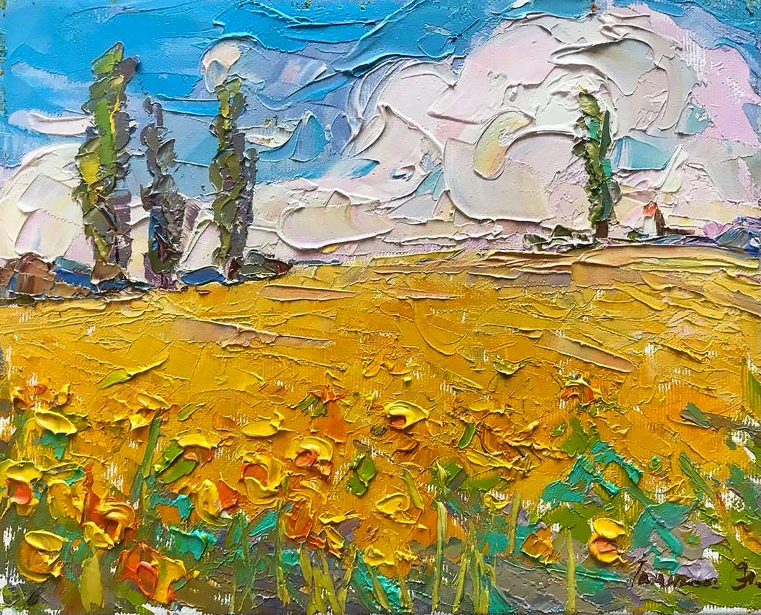 Oil painting Sunny field Kalenyuk Alex: №Kalen 549 *** ABOUT THIS PAINTING *** * TITLE: "Sunny field" * ARTISTS: Kalenyuk Alex * SIZE: 20x25 cm/'7.87x9.84 inches' * MEDIUM: oil, canvas * HAND PAINTED: Original painting from our collec