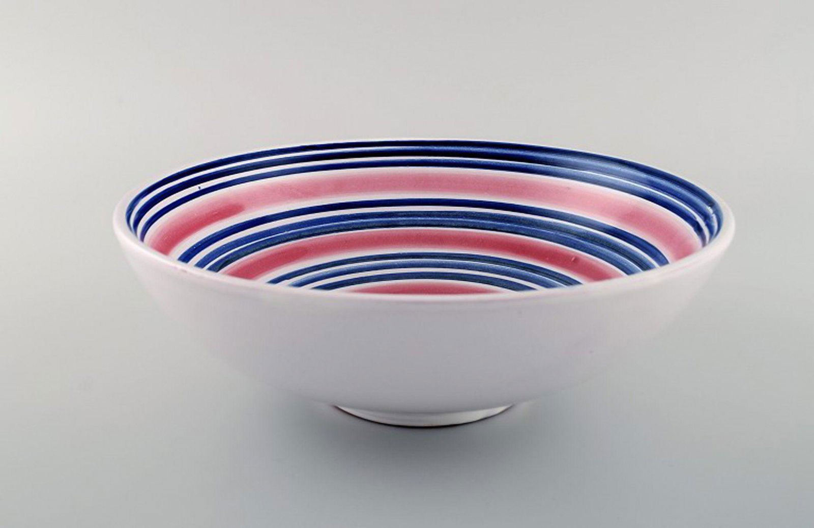 Ingrid Atterberg for Uppsala Ekeby. Large bowl in glazed stoneware. Striped design in blue and pink (1 of 5)