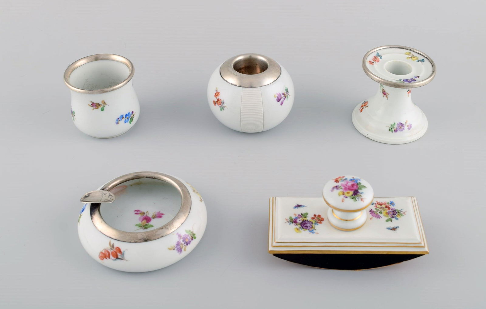 Five parts Meissen porcelain with hand-painted floral motifs, gold decoration and sterling silver (1 of 9)