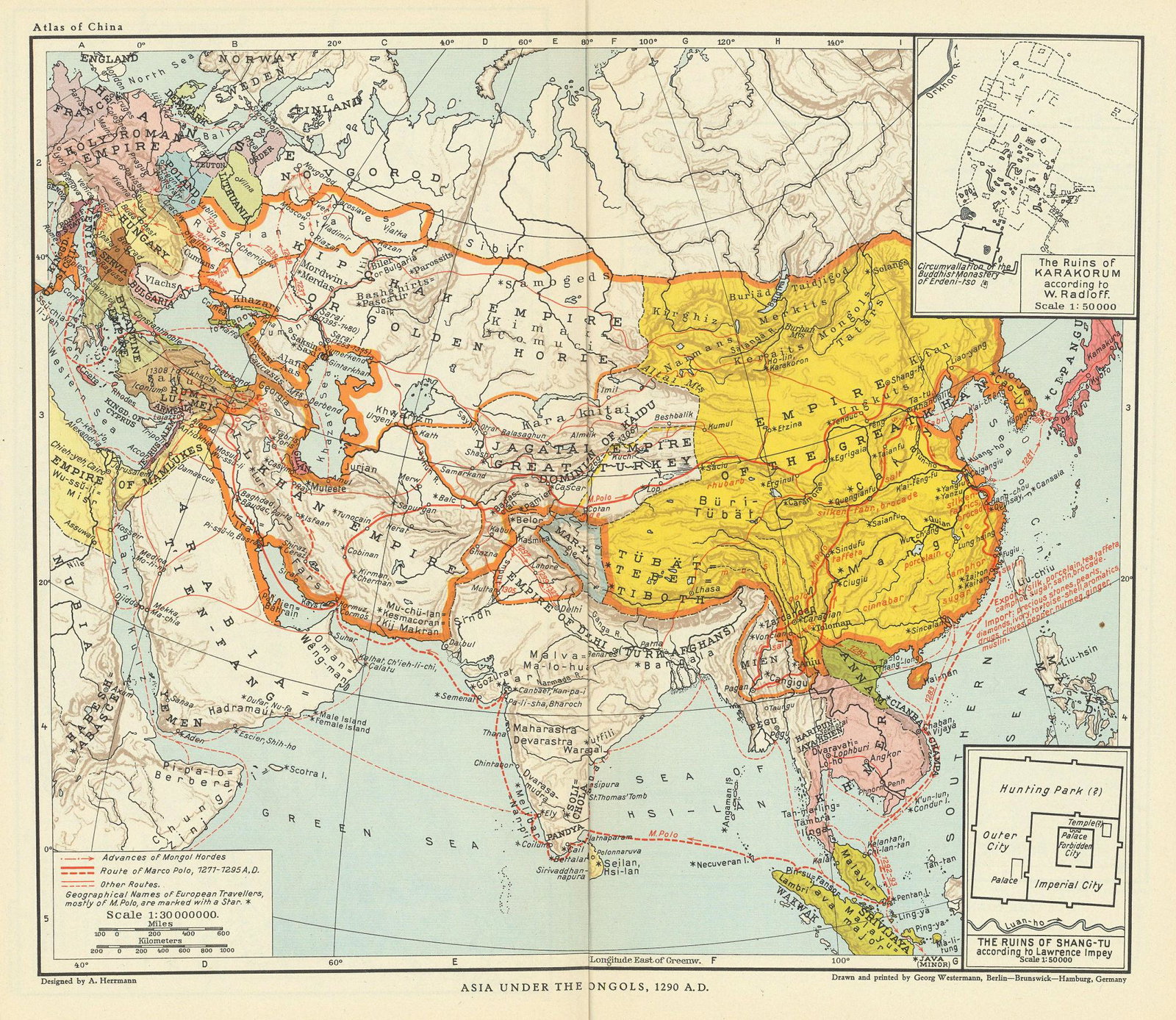 Asia under the Mongols 1290 AD. Xanadu & Karakorum ruins. China 1935 old map: TITLE/CONTENT OF MAP: 'Asia under the Mongols, 1290 A.D.; Inset maps of Karakorum, The Ruins of Shang-Tu' DATE PRINTED: 1935 IMAGE SIZE: Approx 34.0 x 30.0cm, 13.5 x 11.75 inches (Large); Please note 