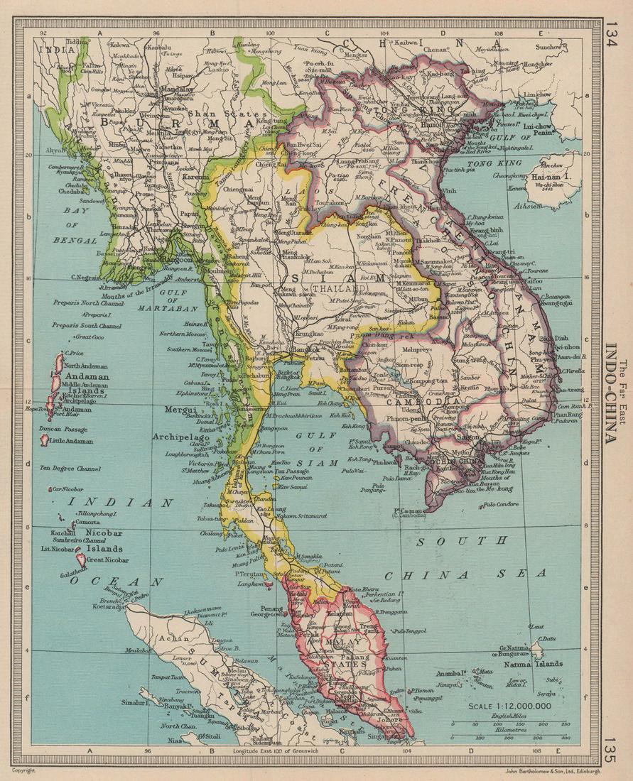 Siam Thailand French Indochina Malay States Burma. BARTHOLOMEW 1949 old map: TITLE/CONTENT OF MAP: 'Indo-China' DATE PRINTED: 1949 IMAGE SIZE: Approx 23.0 x 18.5cm, 9 x 7.25 inches (Medium); Please note that this is a folding map. TYPE: Vintage colour atlas map CONDITION: Good