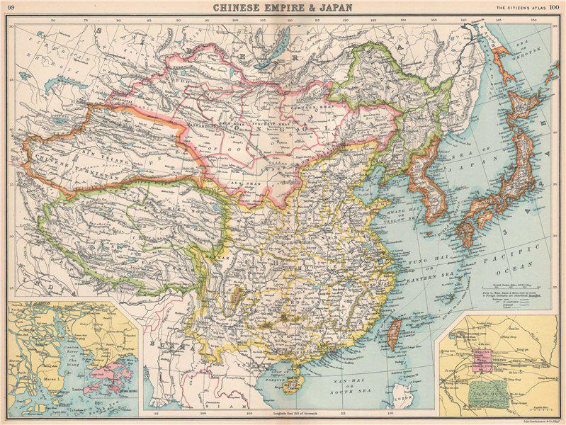 EAST ASIA China Chinese Turkistan Tibet Korea Japan. Hong Kong Peking 1912 map: TITLE/CONTENT OF MAP: 'Chinese Empire & Japan; Inset maps of Canton; Peking' DATE PRINTED: 1912 IMAGE SIZE: Approx 32.5 x 43.0cm, 12.75 x 17 inches (Large); Please note that this is a folding map. TYP