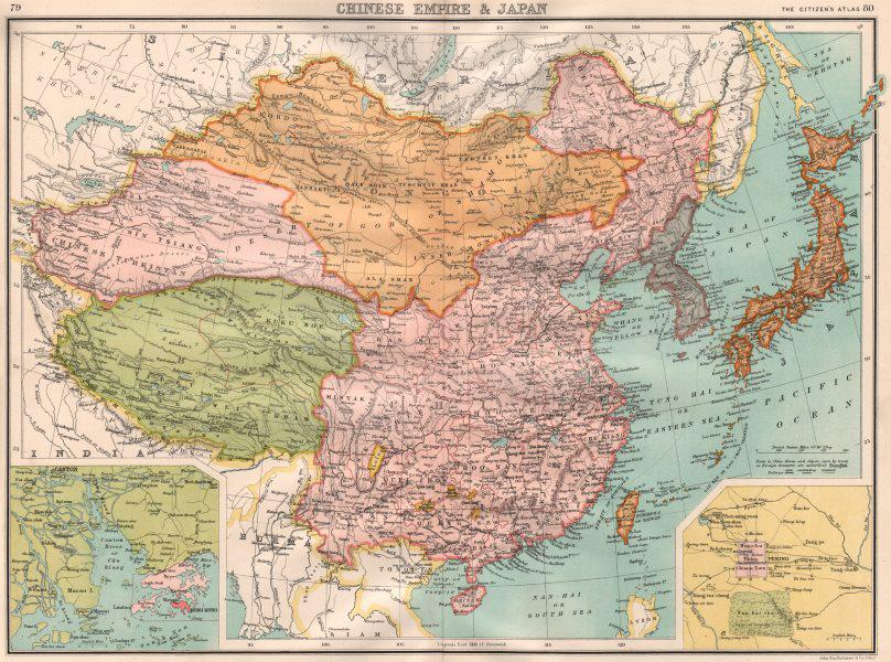 CHINESE EMPIRE & JAPAN. Tibet Turkistan Mongolia. Inset Hong Kong 1898 old map: TITLE/CONTENT OF MAP: 'Chinese Empire & Japan; Inset maps of Canton; Peking' DATE PRINTED: 1898 IMAGE SIZE: Approx 31.5 x 42.5cm, 12.25 x 16.75 inches (Large); Please note that this is a folding map. 