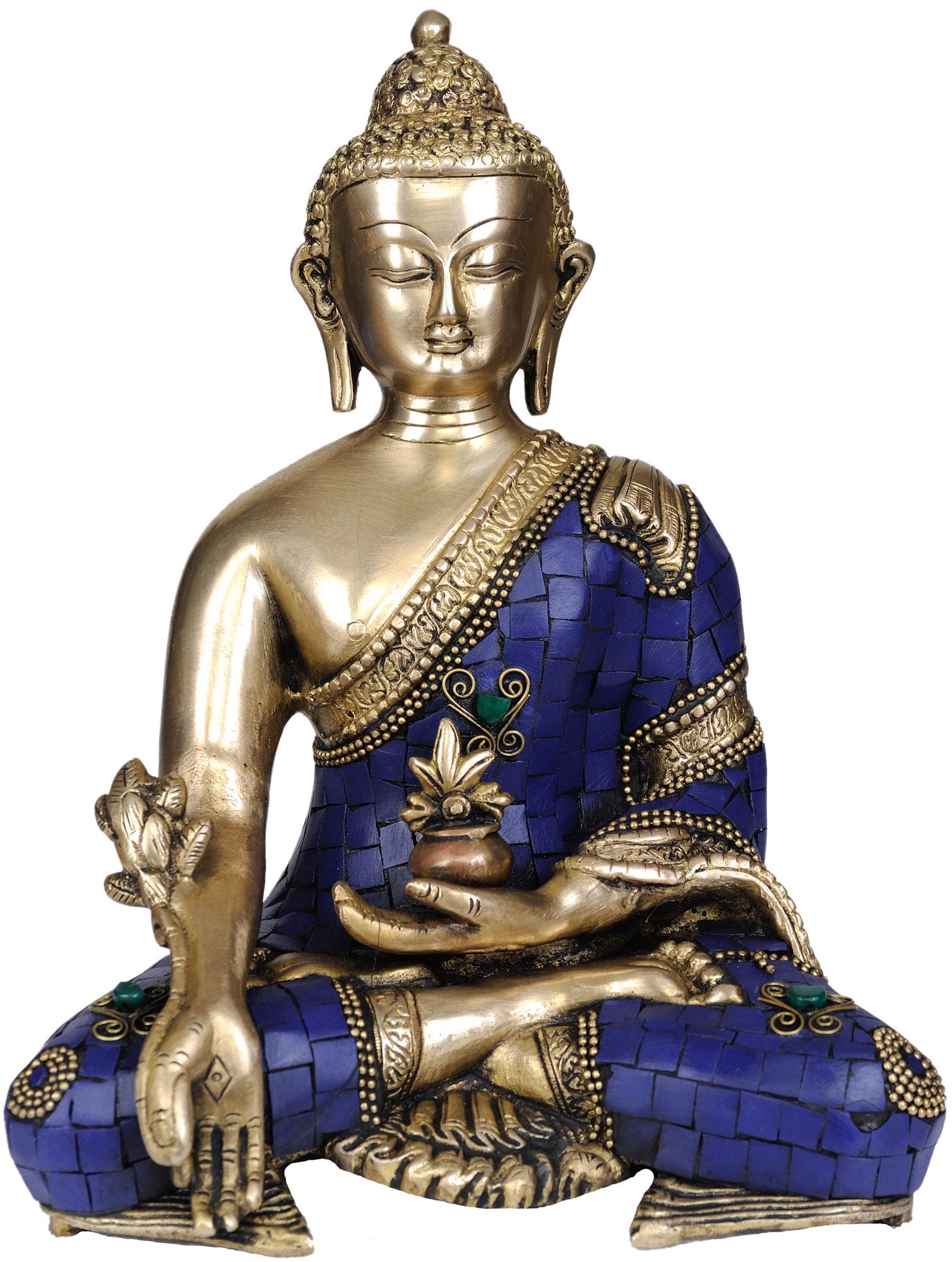 11" Tibetan Buddhist Deity Lapis Buddha of Healing In Brass | Handmade | Made In India: Title: 11" Tibetan Buddhist Deity Lapis Buddha of Healing In Brass | Handmade | Made In India Item Code: ZAK94 Specifications: Brass Statue With Inlay 11 inch x 7 inch x 5.3 inch 3.83 kg Reserve: $239