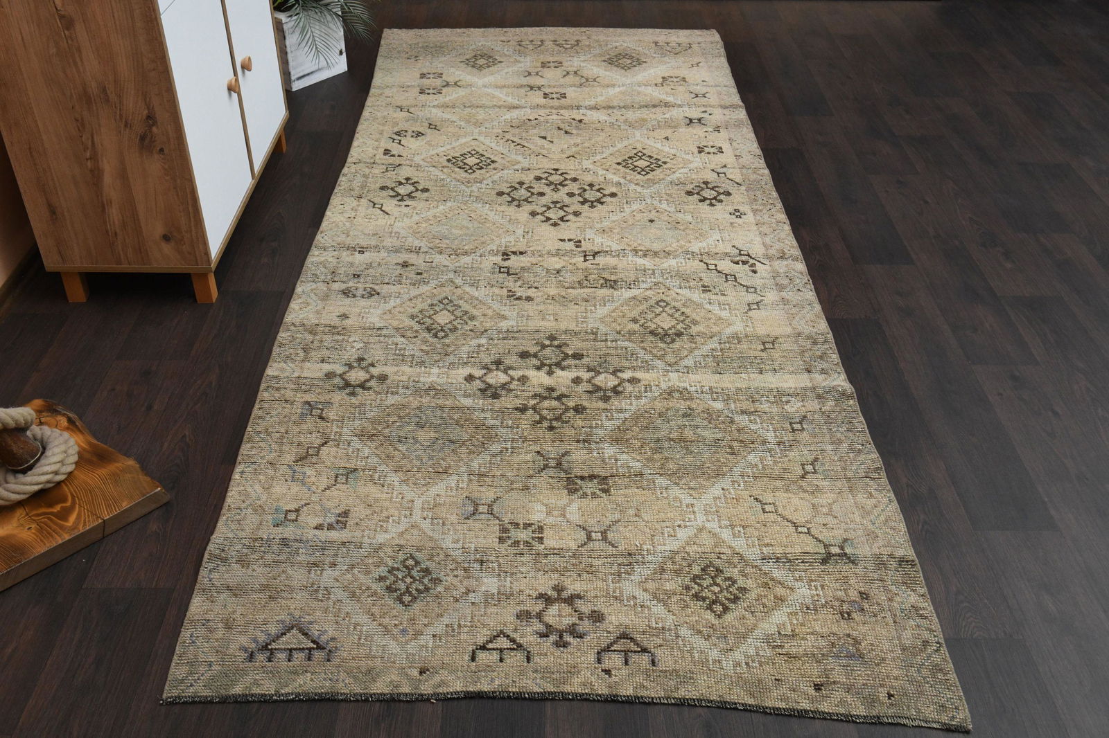 4.3x10.7 Ft Turkish runner, Antique rug: Title: 4.3x10.7 Ft Turkish runner, Antique rug Date/Period: 1960 - 1970 Origin: Turkey Dimension: 4.3x10.7 ft. (132x326 cm) Materials: Wool and Cotton Provenance: This Turkish one-of-a-kind Vintage Ru