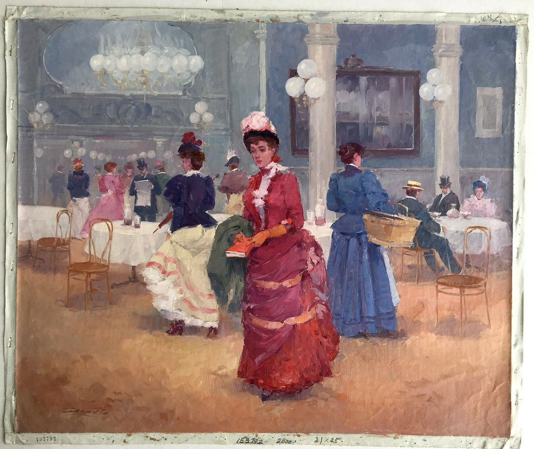Luis Sagasta - An Evening out in Paris II Original Oil on Canvas 21"x 25" signed: An Evening in Paris II Artist: Luis Sagasta Sagasta a Spanish Impressionist. Known for fantastic 1800's scenes of Paris, France Painting uses both bright and pastel impasto. Medium: Oil on Canvas Imag