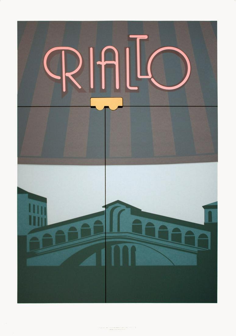 Perry King - Rialto - 1984 Serigraph 35.5" x 25": Rialto by Perry King, 1984 Unsigned Serigraph. Paper size is 35.5 x 25 inches, with an image size of 29.5 x 21 inches. The Serigraph is from an unknown edition size. and is not framed. The condition w