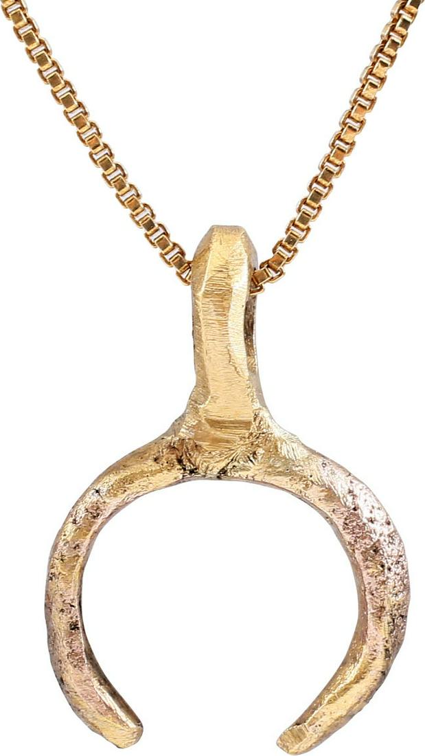 VIKING LUNAR PENDANT NECKLACE, C.900-1000 AD: Well over 1/2" width. As expert navigators, the constellations signified mystery and power to Vikings. The Moon was personified as Mani, brother to Sol the Sun, and is abundantly represented in Norse 