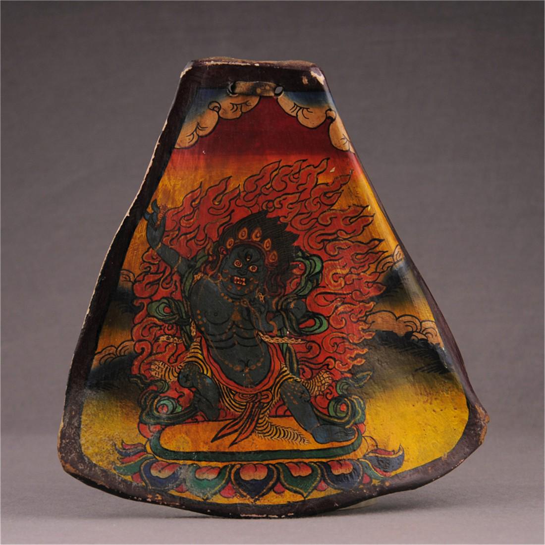 Tibetan Buddha Painting Art: Title: Tibetan Buddha Painting Art Origin: Asian private collection Period: 20th Medium: Beef bone Description: Tibetan tribal Buddha statue painting art, the King Kong Buddha statue painted on a cow 