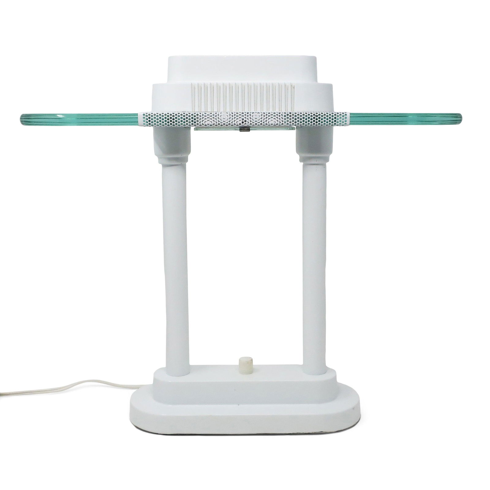 1980s White Table Lamp in Style of Robert Sonneman for George Kovacs: A Memphis-inspired, post-modern 1980s desk or table lamp in the style of Robert Sonneman for George Kovacs. Has two white metal cloumns on a very heavy white base with white accents. The shade is desi