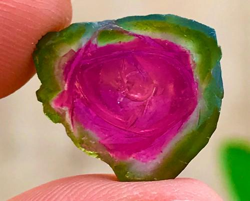 14 Carats Amazingly Damage Free Purple Pink Green Tri Color Gemmy Watermelon Tourmaline Carved: Treatment: None Condition: Natural Name: Tourmaline Color: Tri/Green,Pink,Purple Weight: 14 C.T Size: 15x16x3 M.M Origin: Afghanistan Shape: Slice/Crystal Reserve: $160.00 Shipping: Domestic: Flat-rat