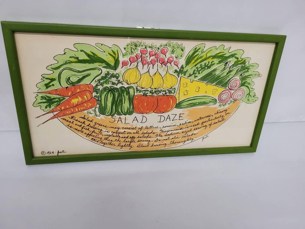 Vintage Mid Century Modern Signed Print Hand colored lithograph, Green wood Frame, Salad Daze,: Vintage from the 1960s Width: 9 inches Height: 16 inches Depth: .25 inches Description Vintage Mid Century Modern Signed Print Hand colored lithograph, Green wood frame, Salad Daze, Kitchen Decor Jacq