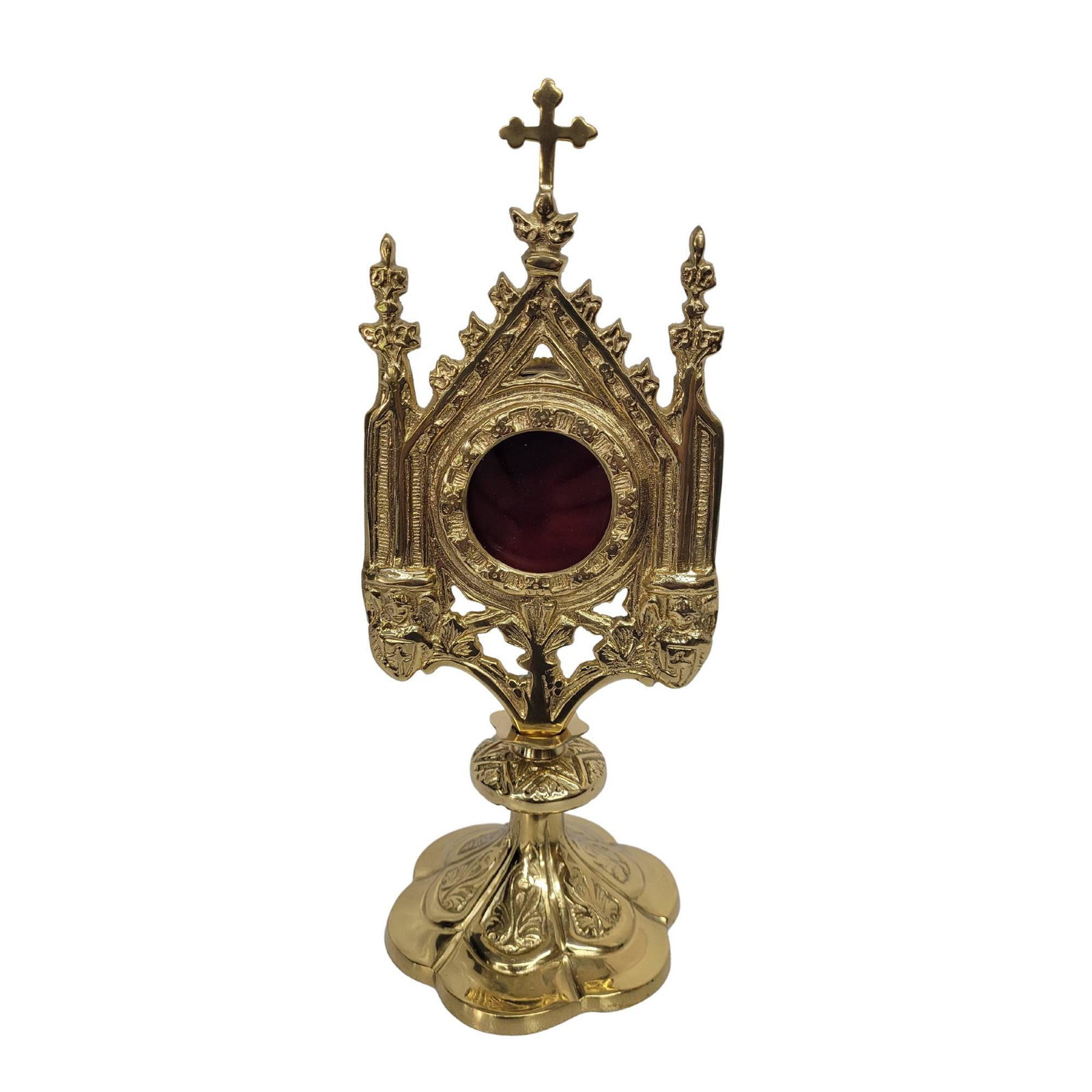 Traditional Gothic Church Monstrance Reliquary for a Relic Religious History Cross Temple Brass: Vintage from before 2000 Materials: Medium: Brass Width: 4.5 inches Height: 11.25 inches Depth: 4.5 inches Description Traditional Gothic Church Monstrance Reliquary for a Relic Saints Christians Reli