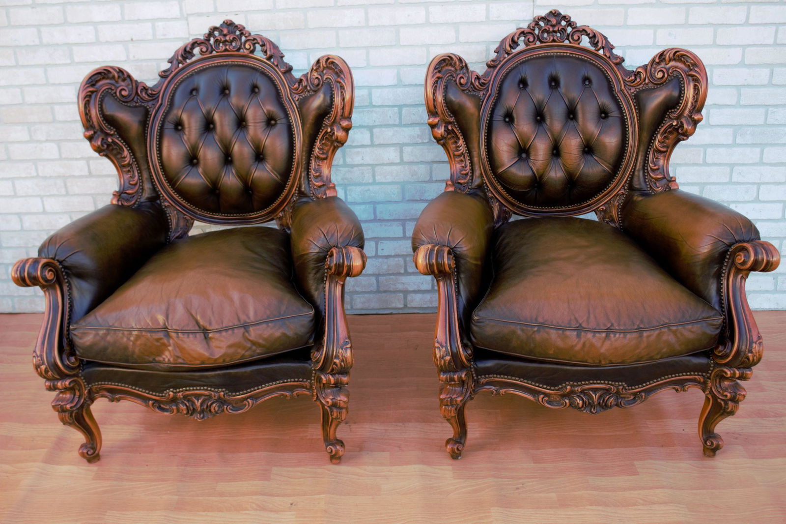 Antique French Rococo Tufted Distressed Wingback Lounge Chair - Pair (1 of 10)