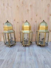 Antique Georgian Brass Colonial Style Outpost/Pier Brass Beveled Glass Lanterns Indoor/Outdoor - Set (1 of 7)
