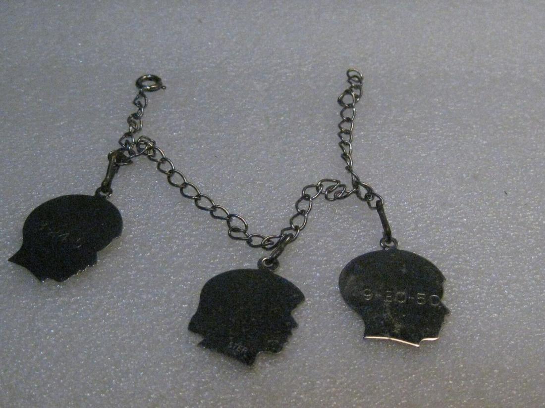 Vintage Sterling Silver Charm Bracelet, 3 Charms, 7", 3.5mm wide, 7.54gr.: Vintage Sterling Silver Charm Bracelet, 7", 7.54 grams, 3.5mm wide. This has three head charms marked sterling and engraved with dates only two boys - one is 3-24-5 and the other 9-20-50 and the girl