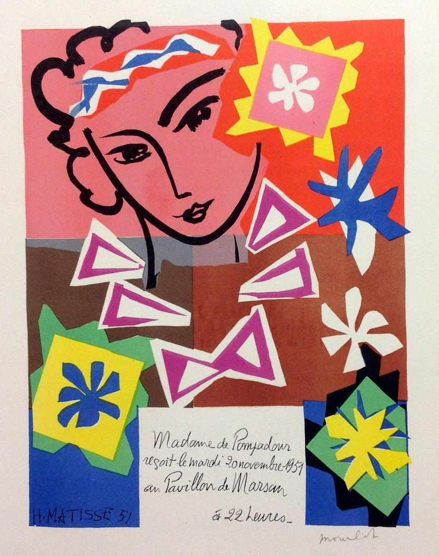 Matisse Lithograph 43, Bal de l'ecole d'arts decoratifs: Medium: Lithograph - 43 Paper size: 12.5 X 9.5 inch (small version from the original one) Printed: 1959 by Mourlot Freres, France Provenance: Art in posters book 1959 Condition: Very good may have sli