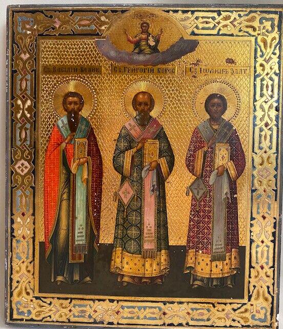 XIX century Important Russian Antique Icon “of the Three Hierarchs”: XIX century Important Russian Antique Icon â€œof the Three Hierarchs” This excellent and very beautiful antique oil on wood tempera icon is presents Three Hierarchs, Grigory, Vasily and Ivan