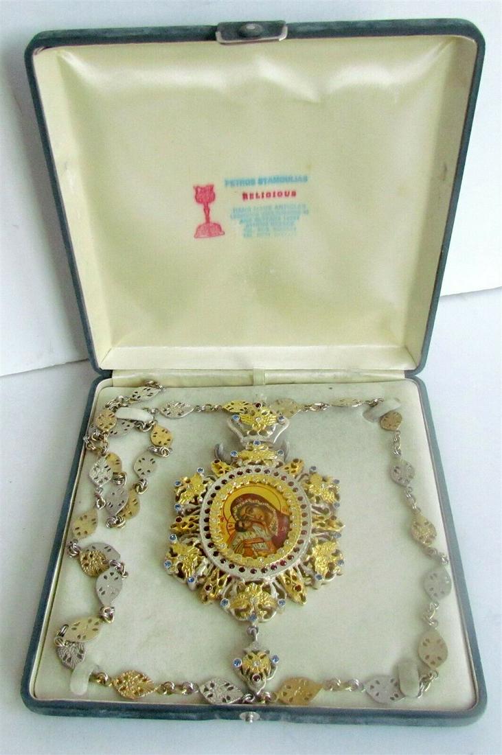 GREEK - RUSSIAN ORTHODOX CHURCH BISHOP PRIEST VINTAGE PANAGIA w/ CHAIN & BOX (1 of 4)