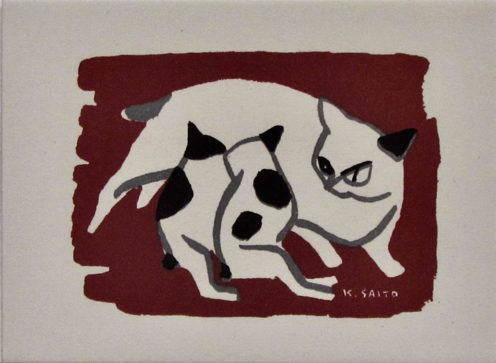 Kiyoshi Saito: Love: Artist: Kiyoshi SAITO (1907-1997) Subject: Love Signature: K Saito Date: 1960s Format: 11.9 x 8.8 cm Condition: Fine impression, color and condition not a woodblock Reserve: $80.00 Shipping: Domest