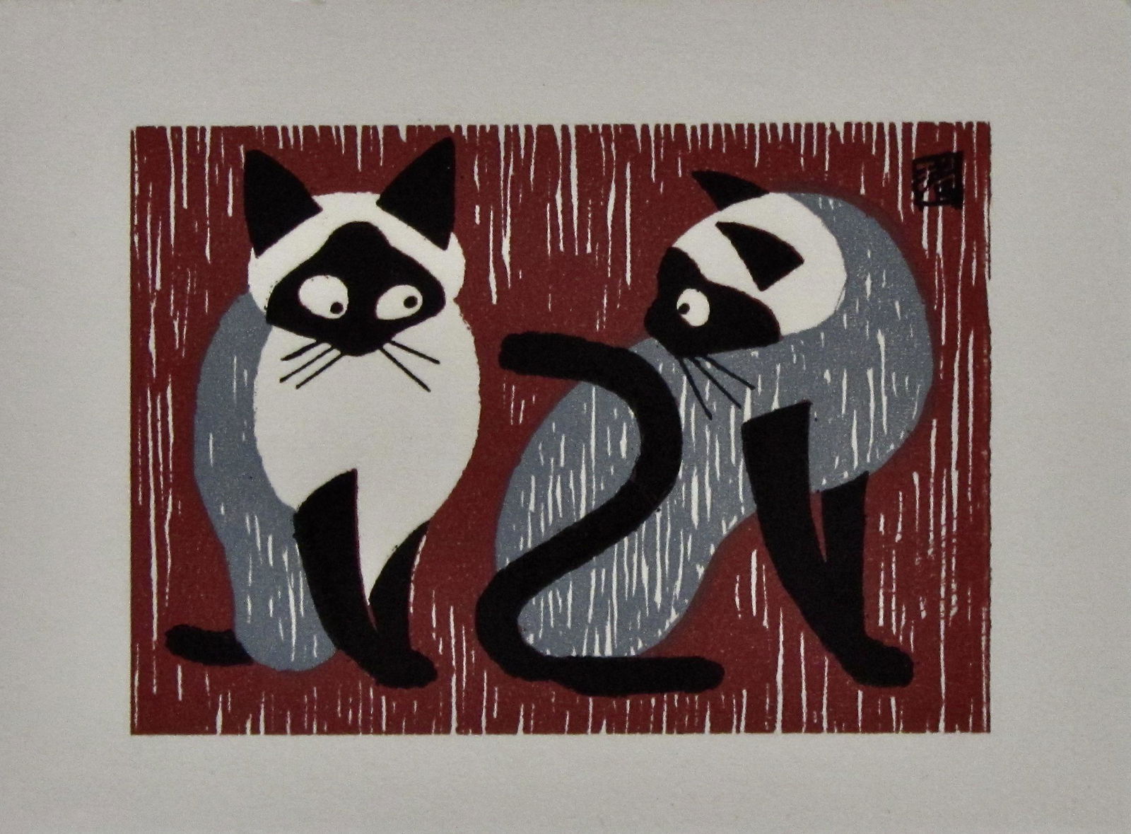 Kiyoshi Saito: Siamese Cats: Artist: Kiyoshi SAITO (1907-1997) Subject: Siamese Cats Signature: K Saito Date: 1960s Format: 11.9 x 8.8 cm Condition: Fine impression, color and condition not a woodblock Reserve: $80.00 Shipping: