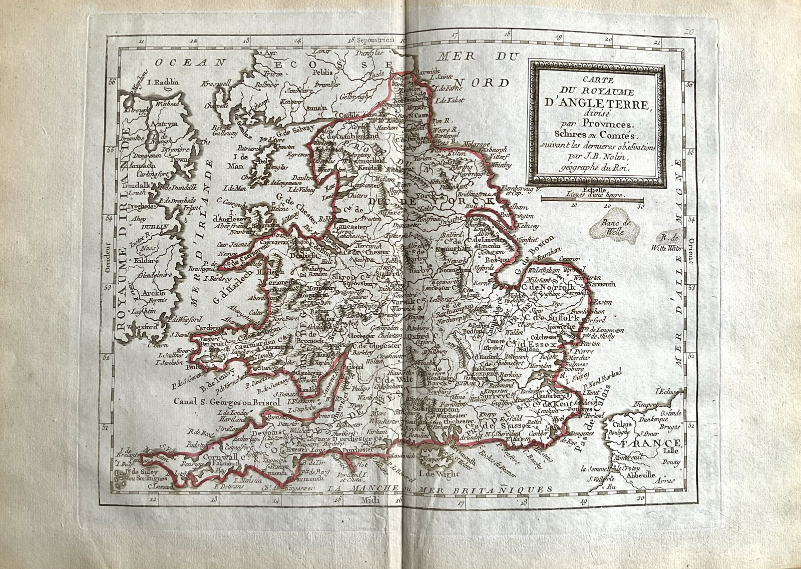 England and Wales 1780/81. Scarce map by J. B. Nolin: Title: England and Wales 1780/81. Scarce map by J. B. Nolin Date/Period: 1780/81 Material: Hand colored copper plate engraved Dimensions: 14 1/2 x 10 1/4” Description: 1780/1781 map by Jean Noli