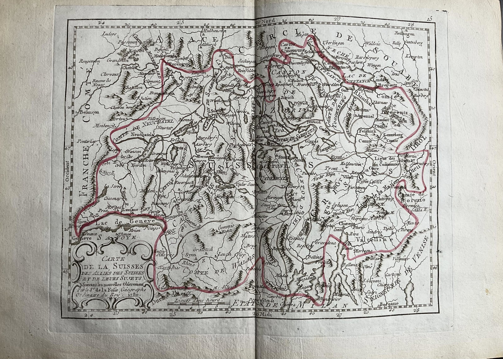 Switzerland 1780/81 scarce map by J. B. Nolin: Title: Switzerland 1780/81 scarce map by J. B. Nolin Date/Period: 1780/81 Material: Hand colored copper plate engraved Dimensions: 14 1/2 x 10 1/4” Description: 1780/1781 map by Jean Nolin Batis