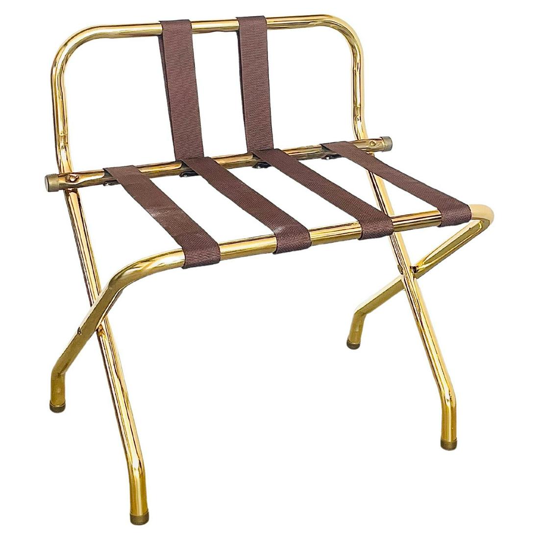 High Back Luggage Bagage Rack in Brass NOS, 10 Available: New Old Stock American made foldable high back luggage or bagage rack in brass with canvas straps. Very handy and stylish, nearly impossible to find in brass color. Ideal to store plaids on, or to be 