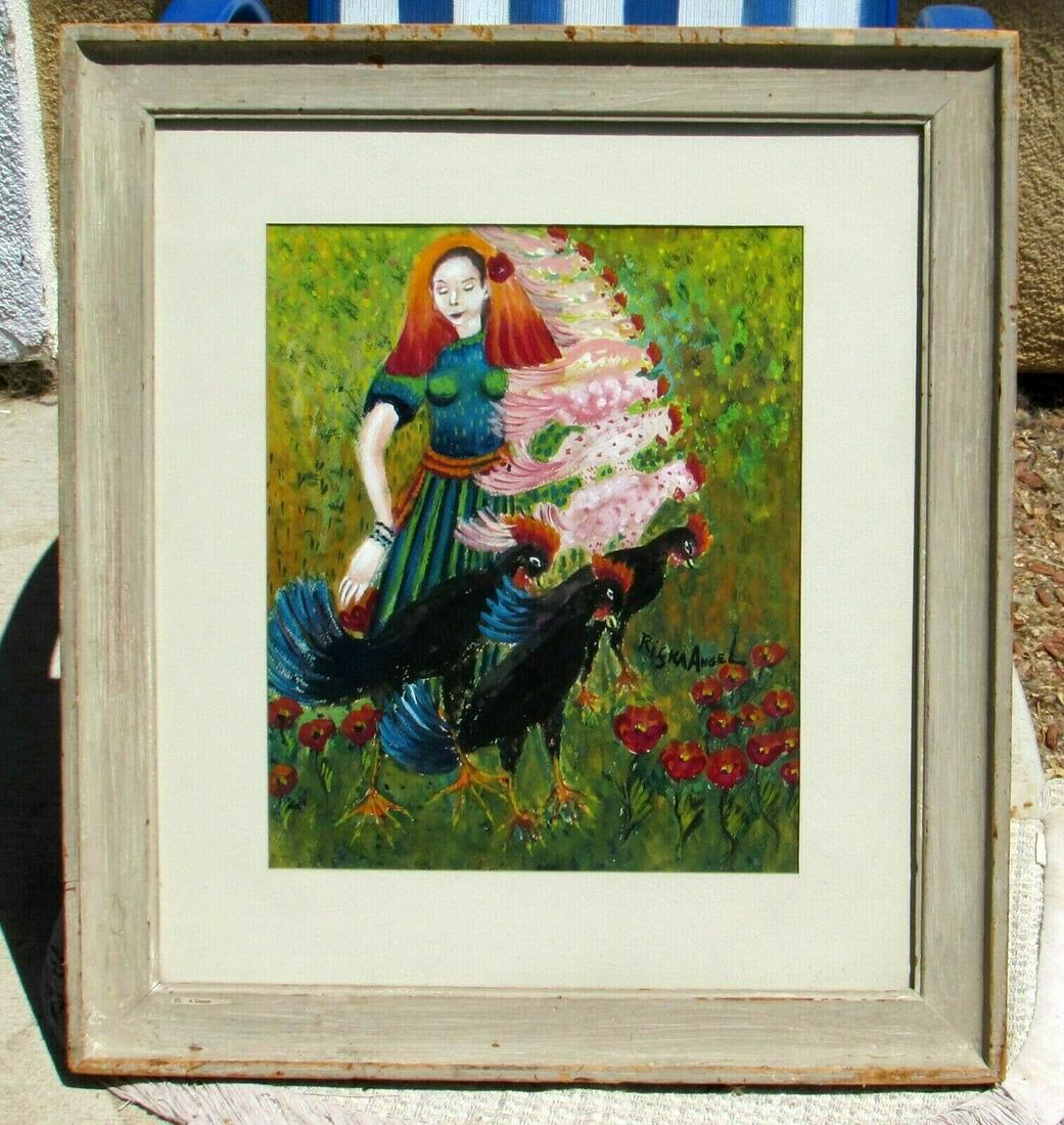 RIFKA ANGEL Jewish Woman Artist Mid Century Modernist Woman w Chickens Gouache: Rifka Angel (1899-1988). Important Jewish Woman Artist - Her Family escaped the Holocaust! Modernist Woman with Chickens, Circa 1950's/1960's, (Artist's title: A Dream), gouache, size approximate 24"