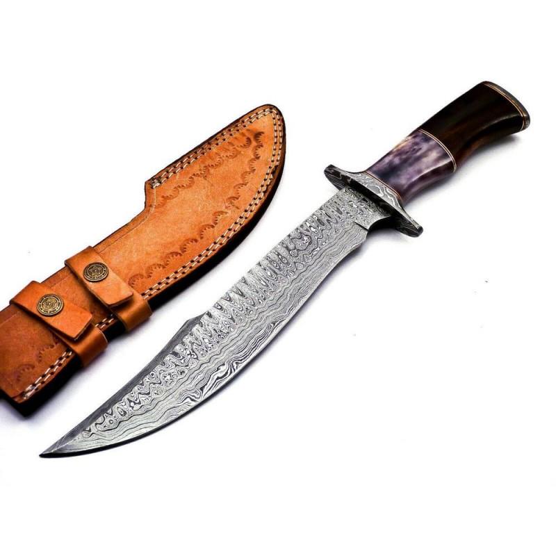 Bowie work damascus steel knife marindi wood bone: Knife "Fitchburg" made of damask steel. Handle â€“ marindi wood, coloured bone and scabbard - genuine leather. Damascus knives are very durable, look great and keep sharpness perfectly. Damascus