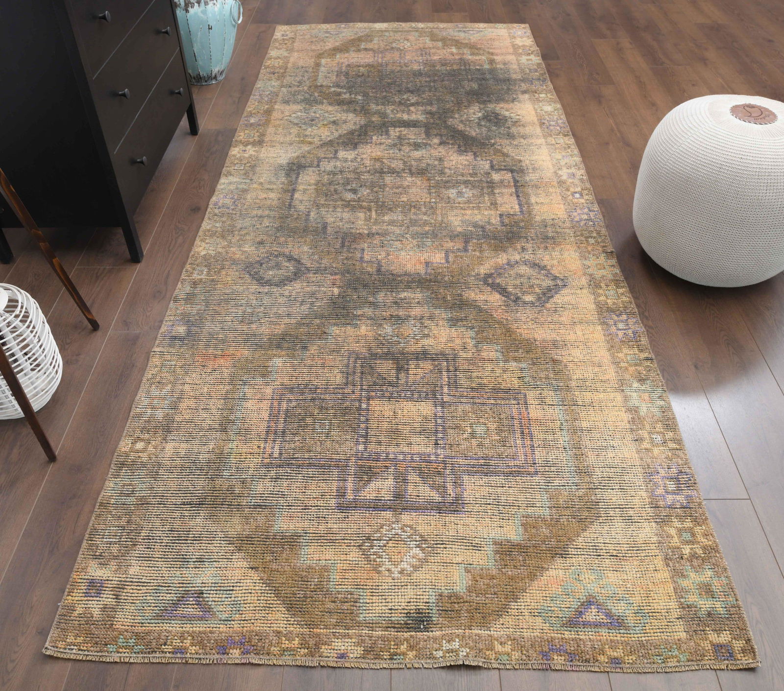 4x11 Turkish Antique Oushak Runner: Title: 4x11 Turkish Antique Oushak Runner Origin: Turkey Date/Period: 1960 - 1970 Materials: Wool and Cotton Size: 4.2x10.6 ft (129x324 cm) Description: This Turkish one-of-a-kind Vintage Rug is hand-