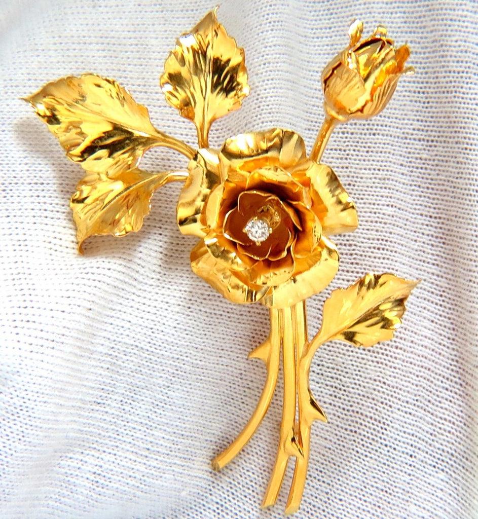 Floral Bundle Still Life Roses Brooch Pin 14kt: Floral Bundle Brooch Pin .15ct natural diamond. Rounds, Full cut Brilliant. G-color VS-2 clarity. 14kt yellow gold intricate detail of flowers 17.5 grams. Overall: 2.3 X 1.5 inch Reserve: $936.00 Ship