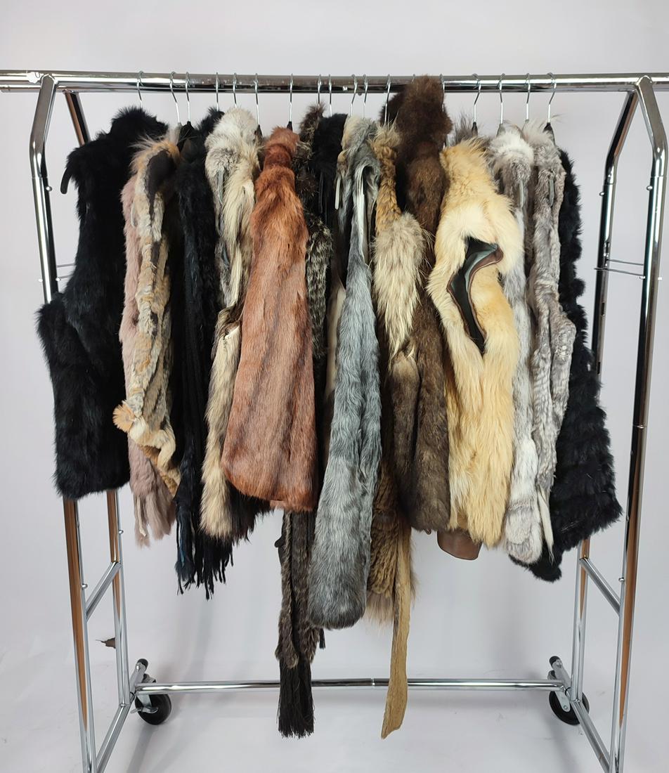 COLLECTION OF 18 REAL FUR VESTS/ PONCHOS/CAPE: Title: COLLECTION OF 18 REAL FUR VESTS/ PONCHOS/CAPE Size/Dimensions: Collection of 18 vests and ponchos and capes, made of lamb, rabbit, fox fur Additioanl Information: We offer in house shipping - F