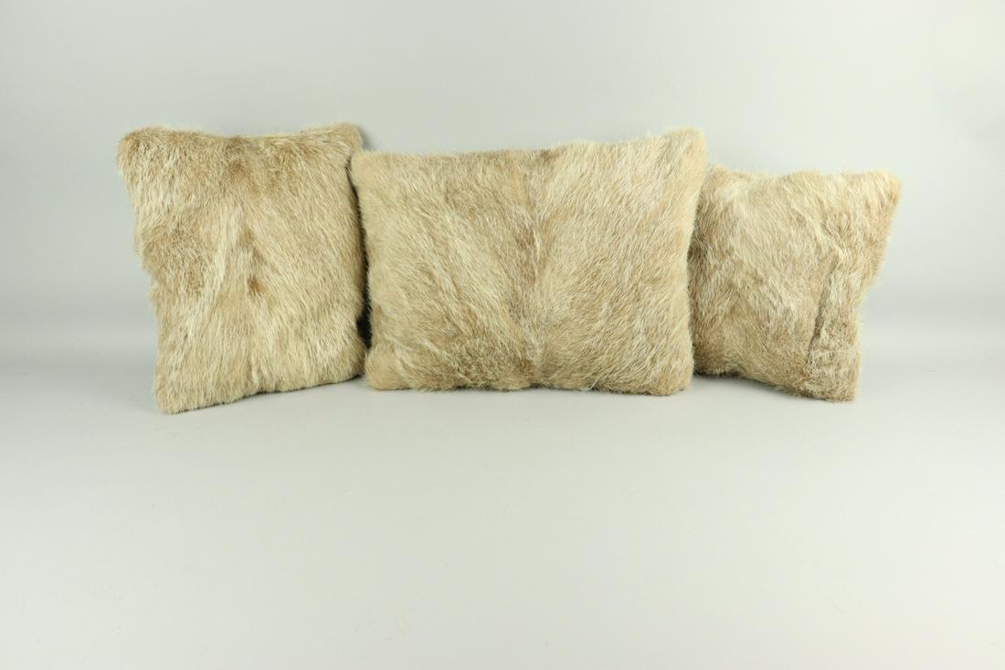 SET OF 3 BLONDE NUTRIA FUR PILLOWS: Title: SET OF 3 BLONDE NUTRIA FUR PILLOWS Size/Dimensions: Repurposed from multiple vintage fur garments re-made into super soft pillows, perfect for decoration; no filling in the pillow due to shippi