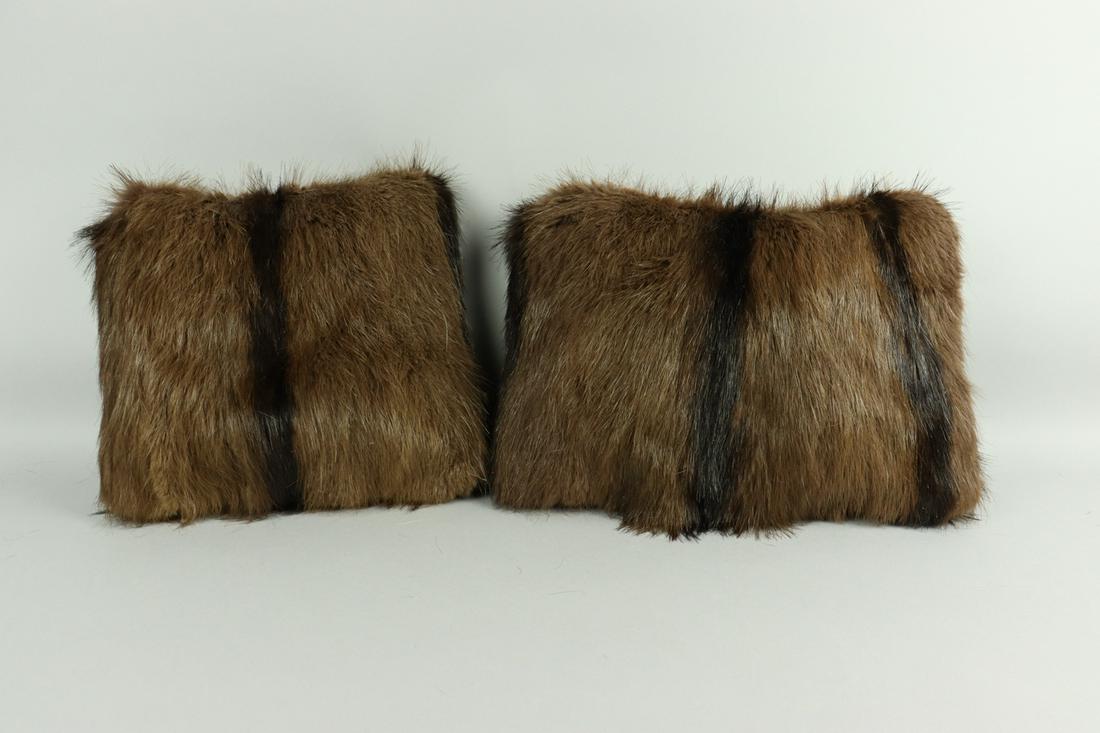 SET OF 2 MUSKRAT FUR PILLOWS: Title: SET OF 2 MUSKRAT FUR PILLOWS Size/Dimensions: Repurposed from multiple vintage fur garments re-made into super soft pillows, perfect for decoration; no filling in the pillow due to shipping; Si