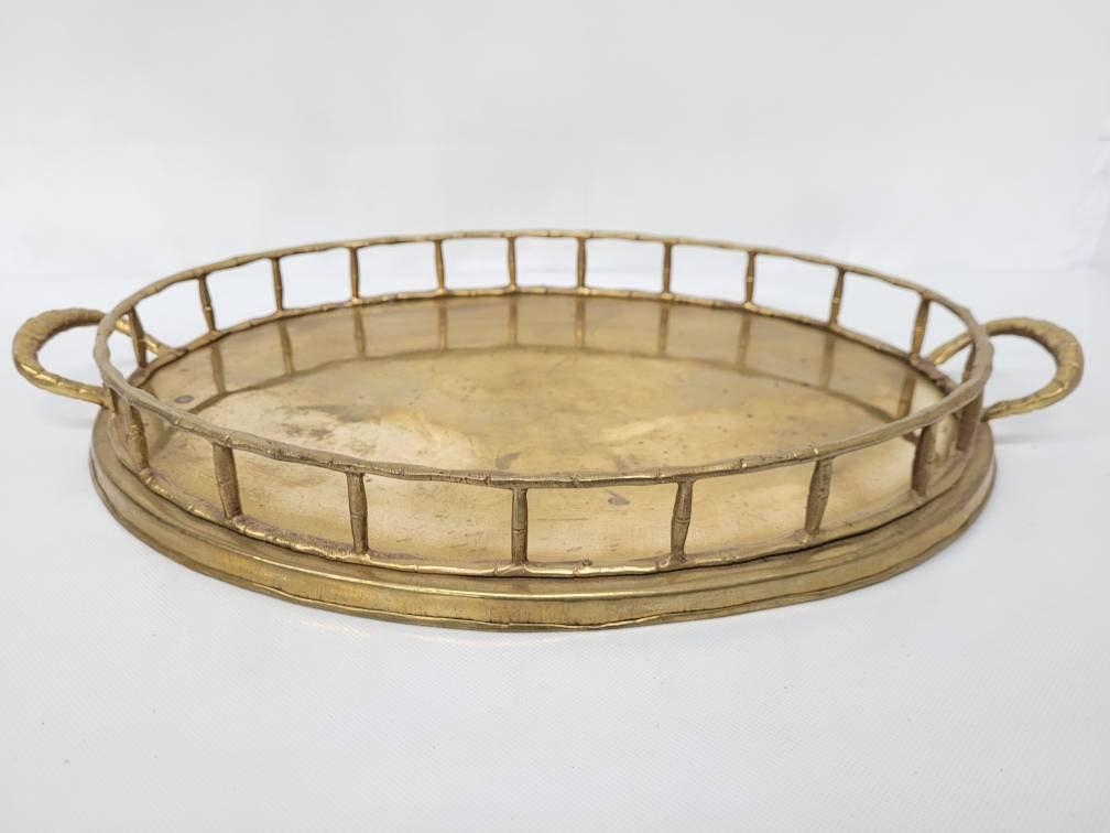 Vintage Brass Faux Bamboo Serving Tea Tray or Asian Oval Vanity Dresser Tray (1 of 8)